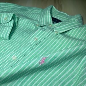 Polo Ralph Lauren Men XL Classic 100% Linen Striped Button Down Shirt Gree White